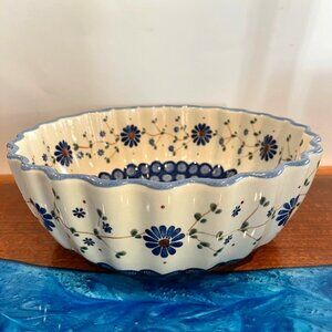 Boleslawica Polish Pottery Wiza Large Serving Bowl with Fluted Edge Blue Flowers